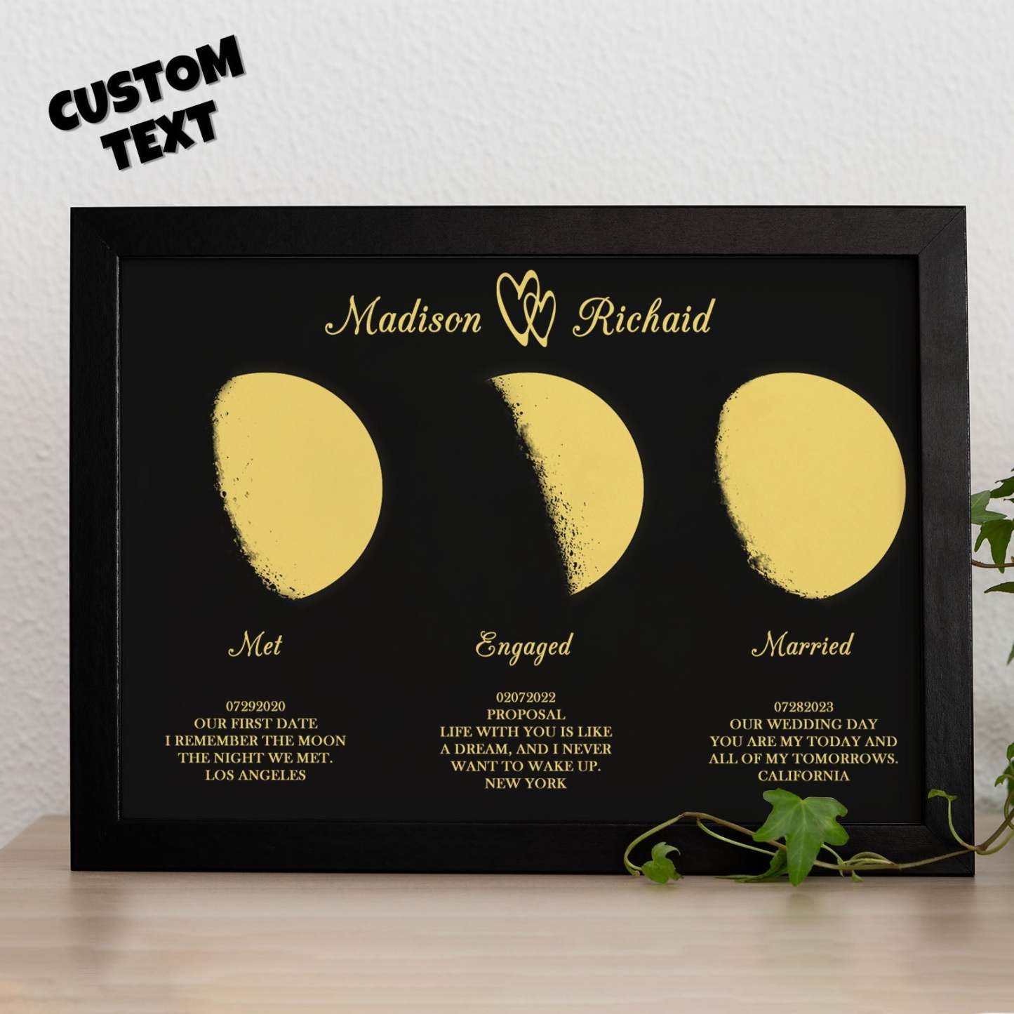 Custom Moon Phase Wooden Frame Three Moon Phase with Personalized Name and Text - Myphotomugs