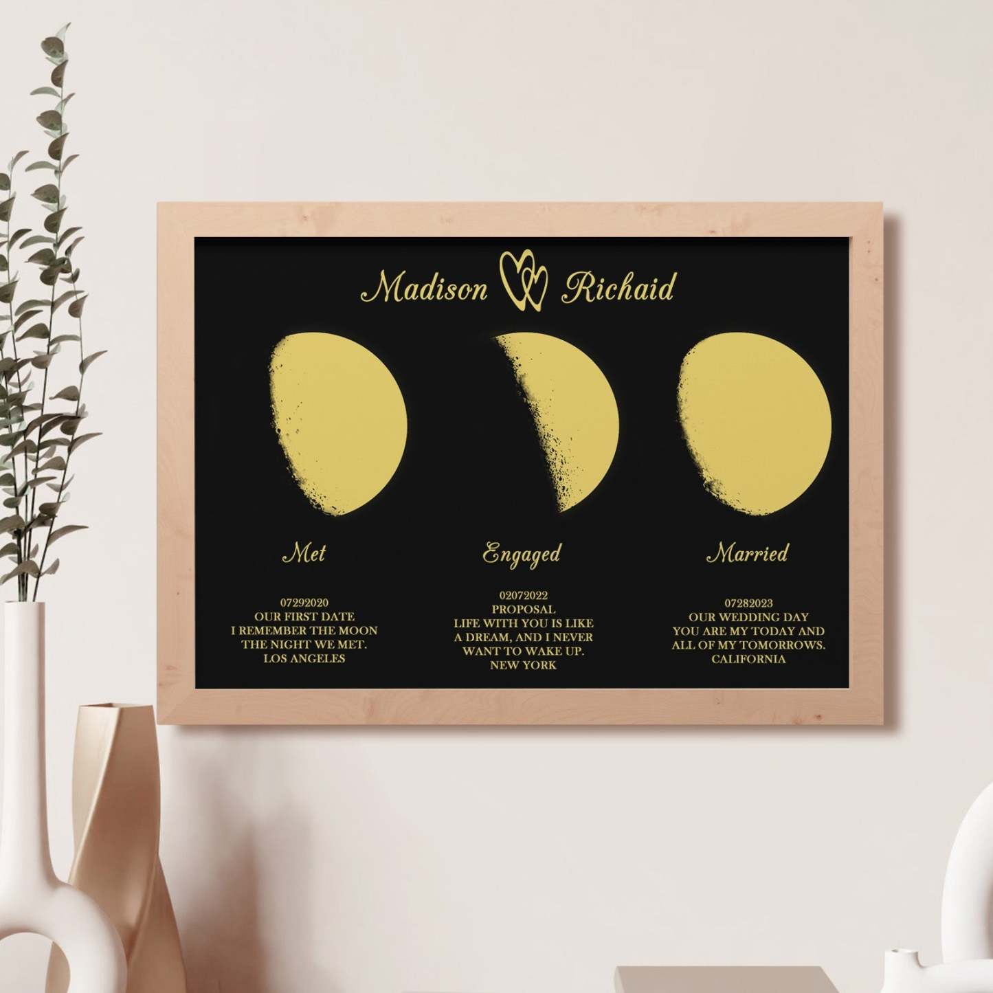 Custom Moon Phase Wooden Frame Three Moon Phase with Personalized Name and Text - Myphotomugs