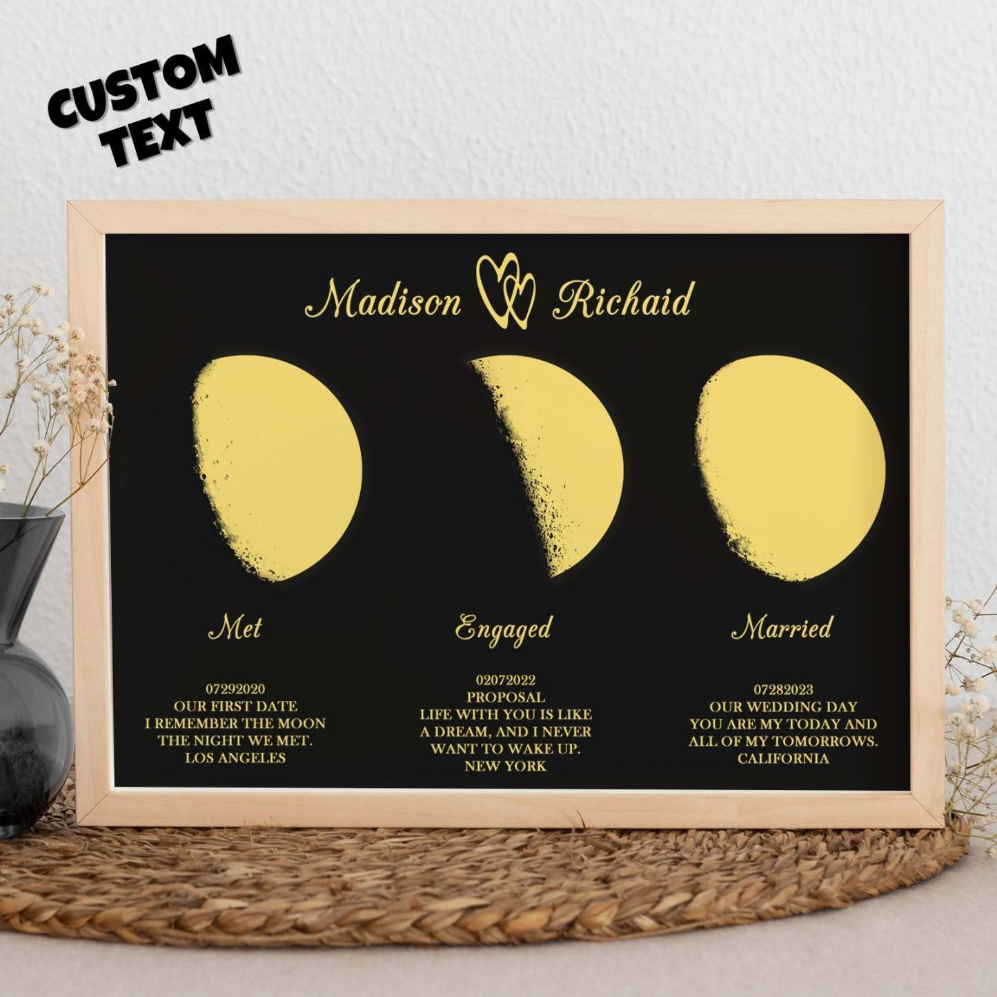 Custom Moon Phase Wooden Frame Three Moon Phase with Personalized Name and Text - Myphotomugs