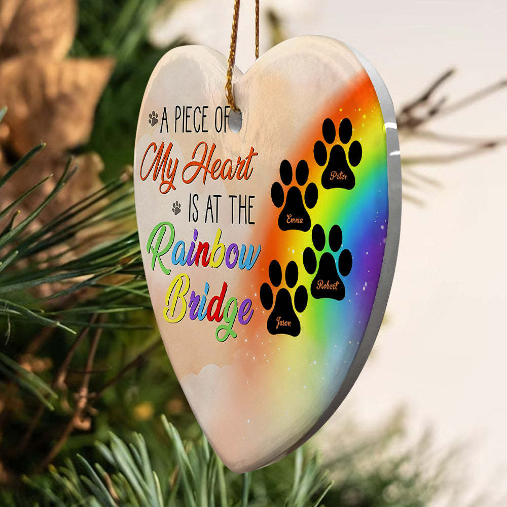 Personalized Heart Pet Ornament A Piece Of My Heart Is At The Rainbow Bridge Ornament for Pet Memorial Gift - Myphotomugs