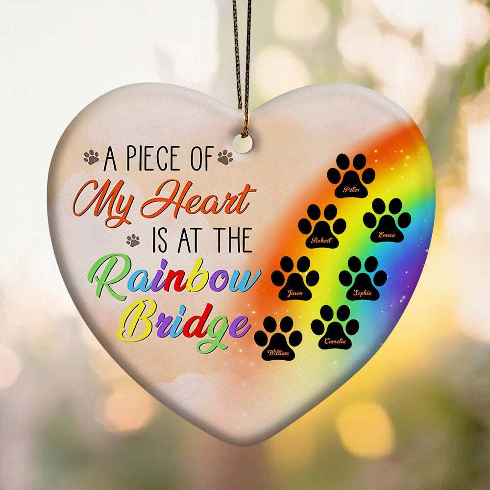 Personalized Heart Pet Ornament A Piece Of My Heart Is At The Rainbow Bridge Ornament for Pet Memorial Gift - Myphotomugs