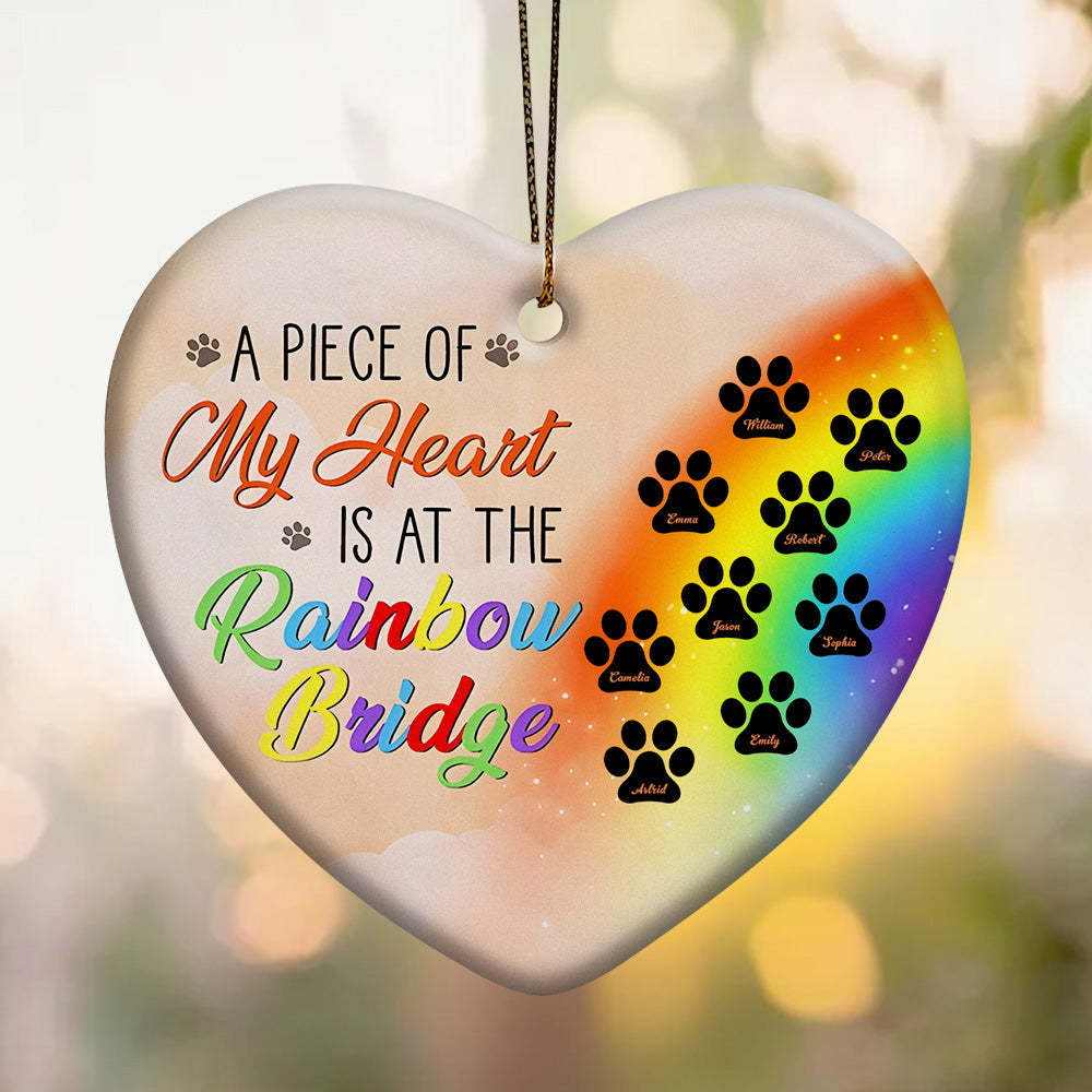 Personalized Heart Pet Ornament A Piece Of My Heart Is At The Rainbow Bridge Ornament for Pet Memorial Gift - Myphotomugs