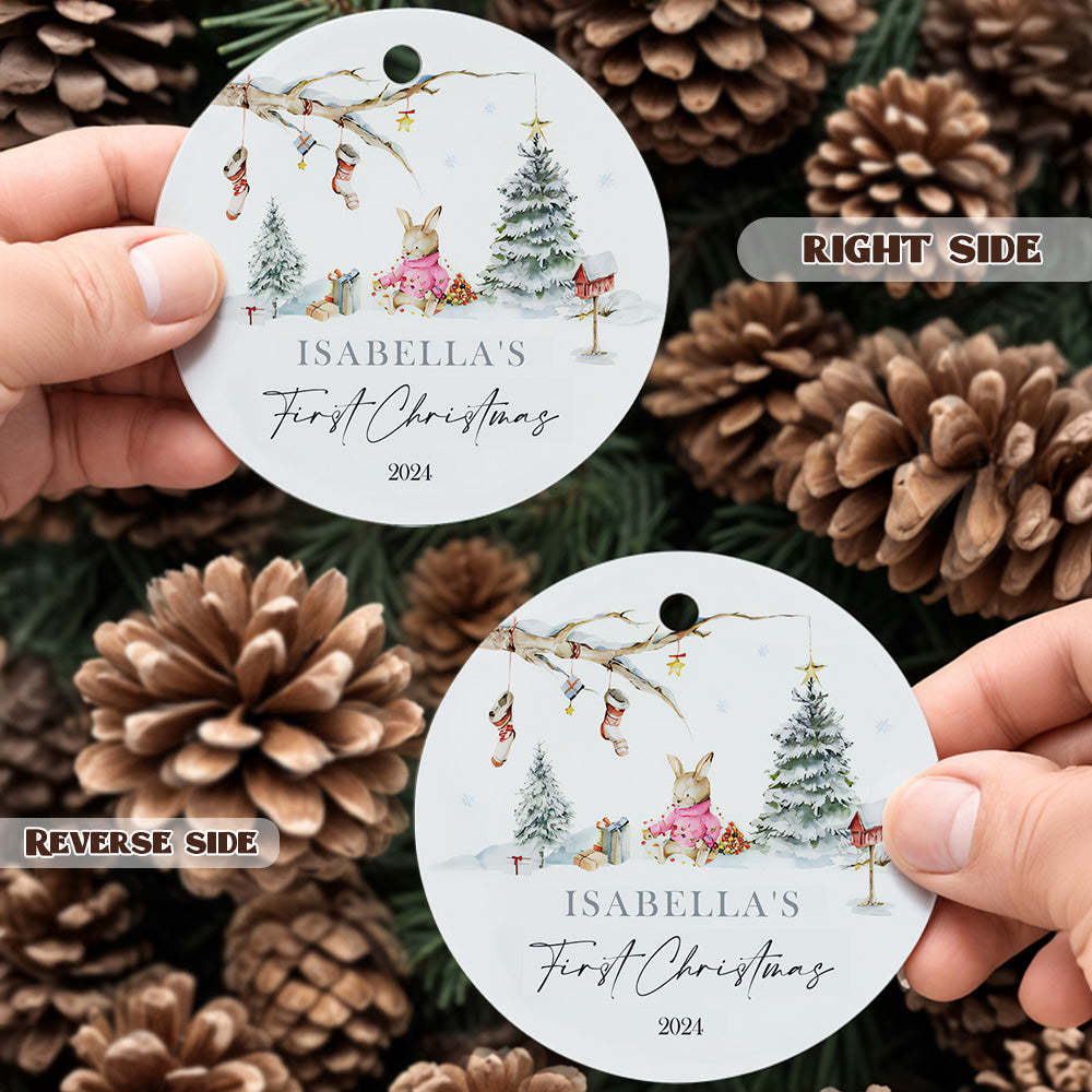 Personalized Rabbit Ceramic Ornament with Name Baby's First Christmas Ornament for New Baby Christmas Gift - Myphotomugs