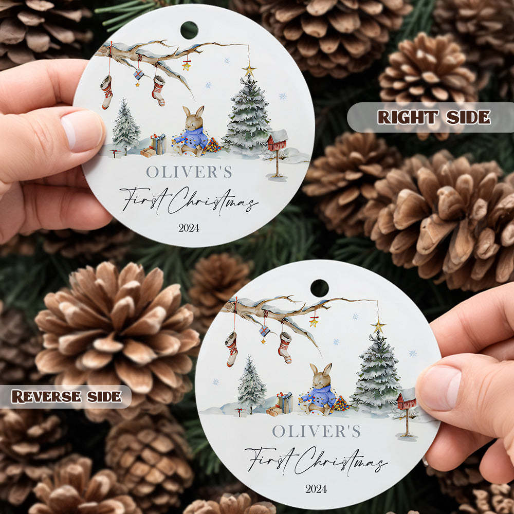 Personalized Rabbit Ceramic Ornament with Name Baby's First Christmas Ornament for New Baby Christmas Gift - Myphotomugs