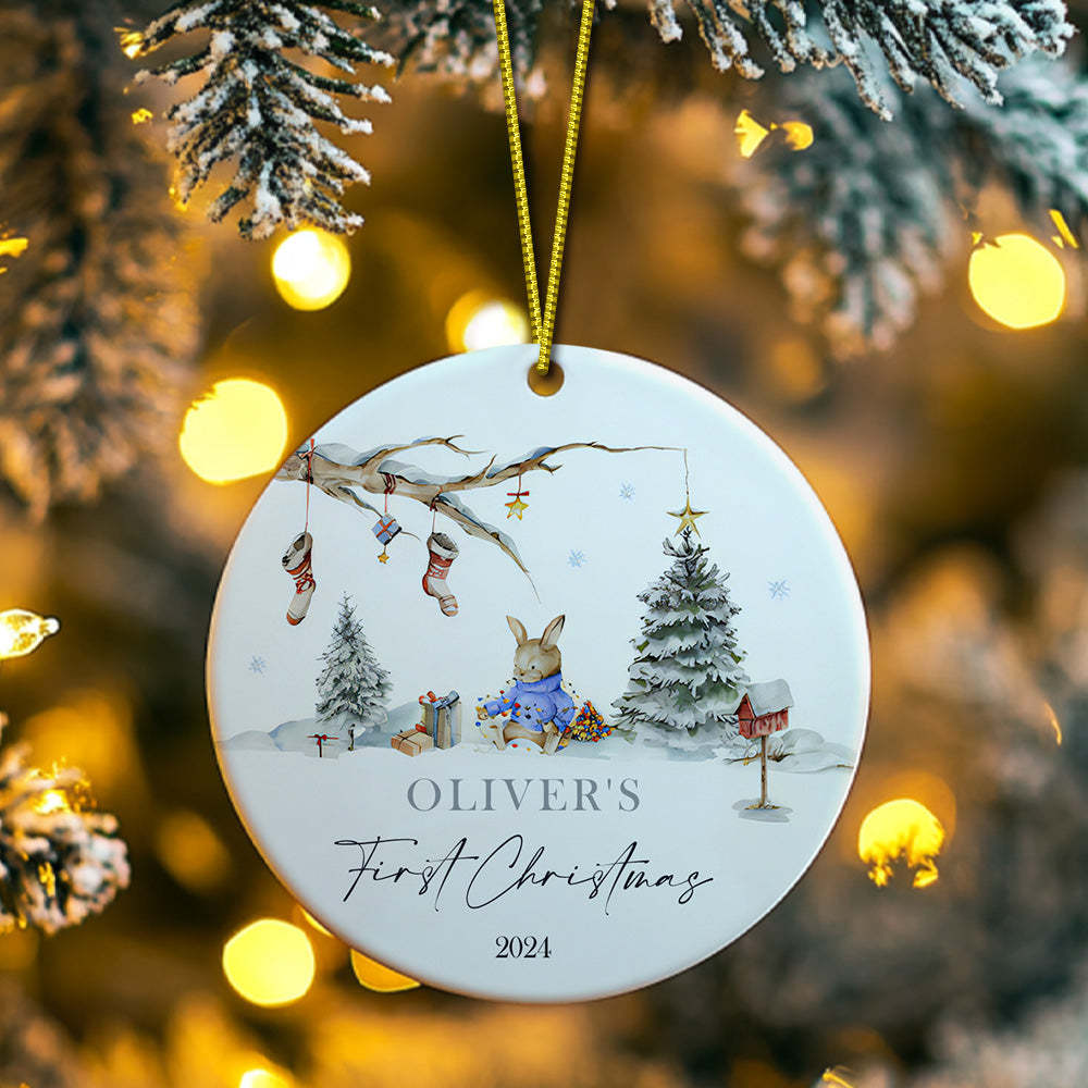 Personalized Rabbit Ceramic Ornament with Name Baby's First Christmas Ornament for New Baby Christmas Gift - Myphotomugs