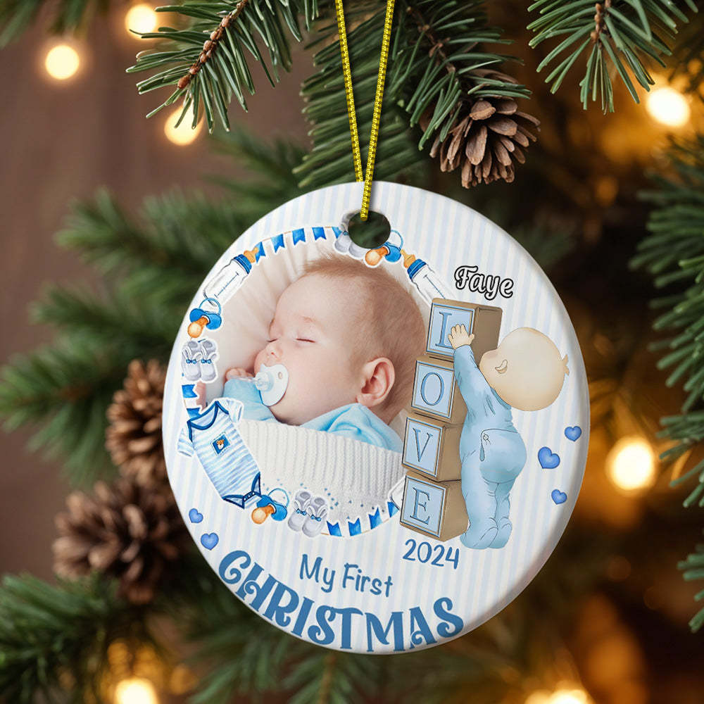 Personalized Baby's First Christmas Ornament with Photo Ceramic Christmas Ornament for Newborn Gift - Myphotomugs