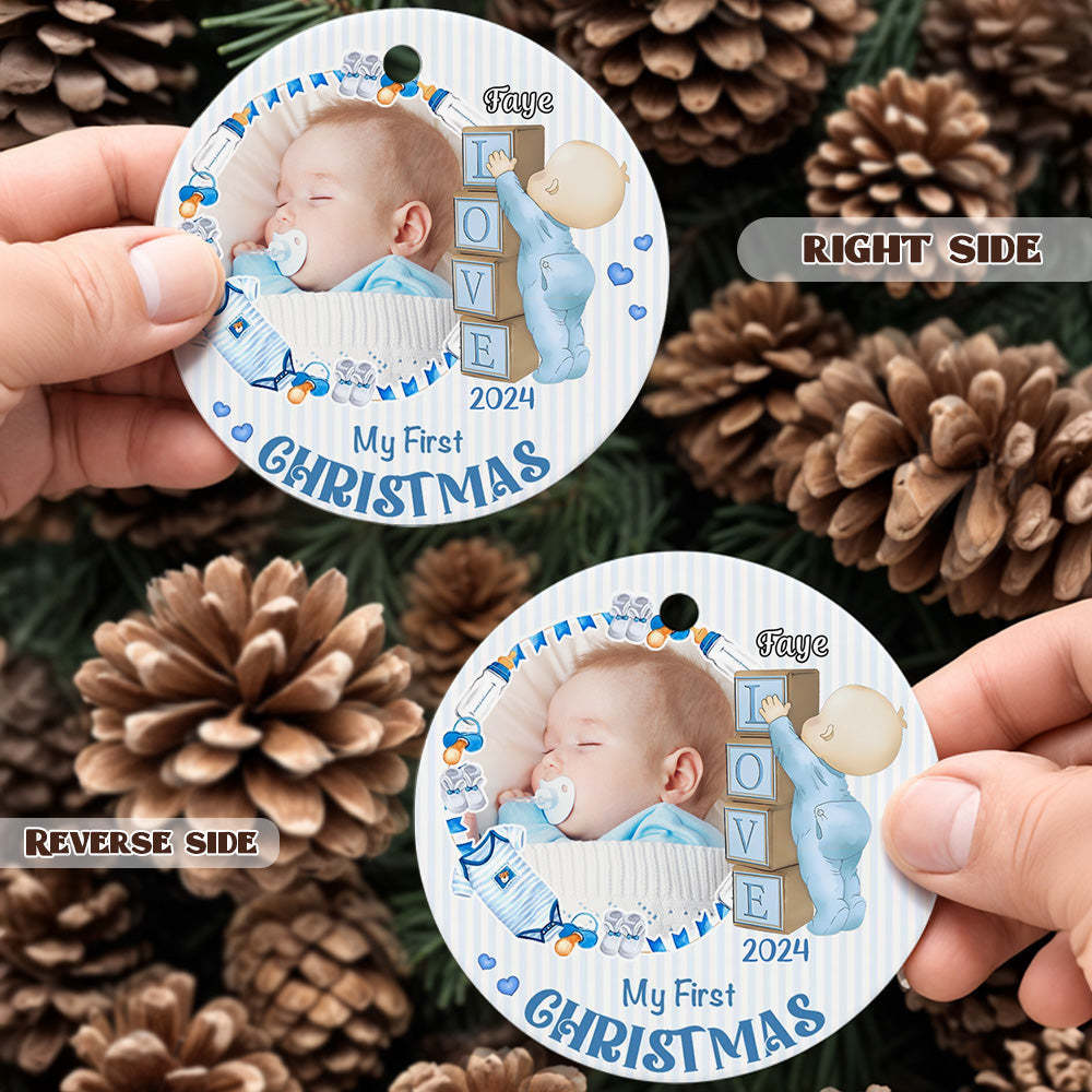 Personalized Baby's First Christmas Ornament with Photo Ceramic Christmas Ornament for Newborn Gift - Myphotomugs