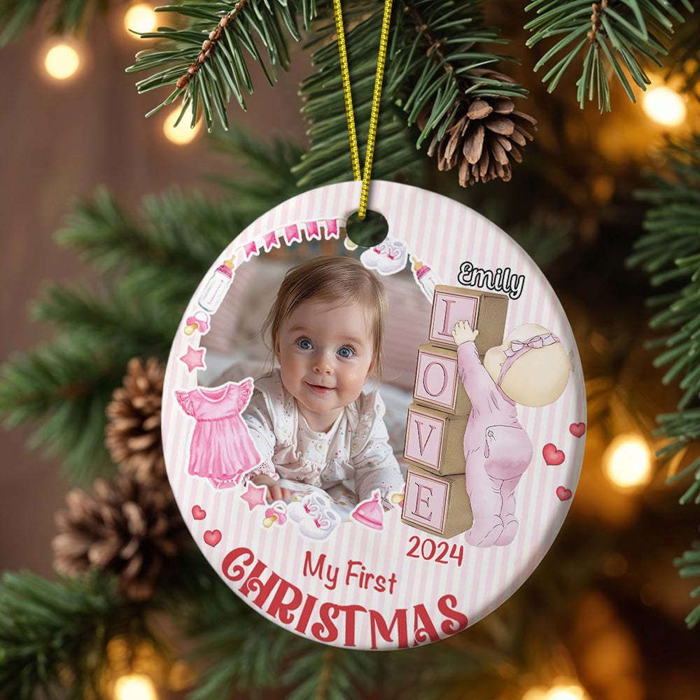Personalized Baby's First Christmas Ornament with Photo Ceramic Christmas Ornament for Newborn Gift - Myphotomugs