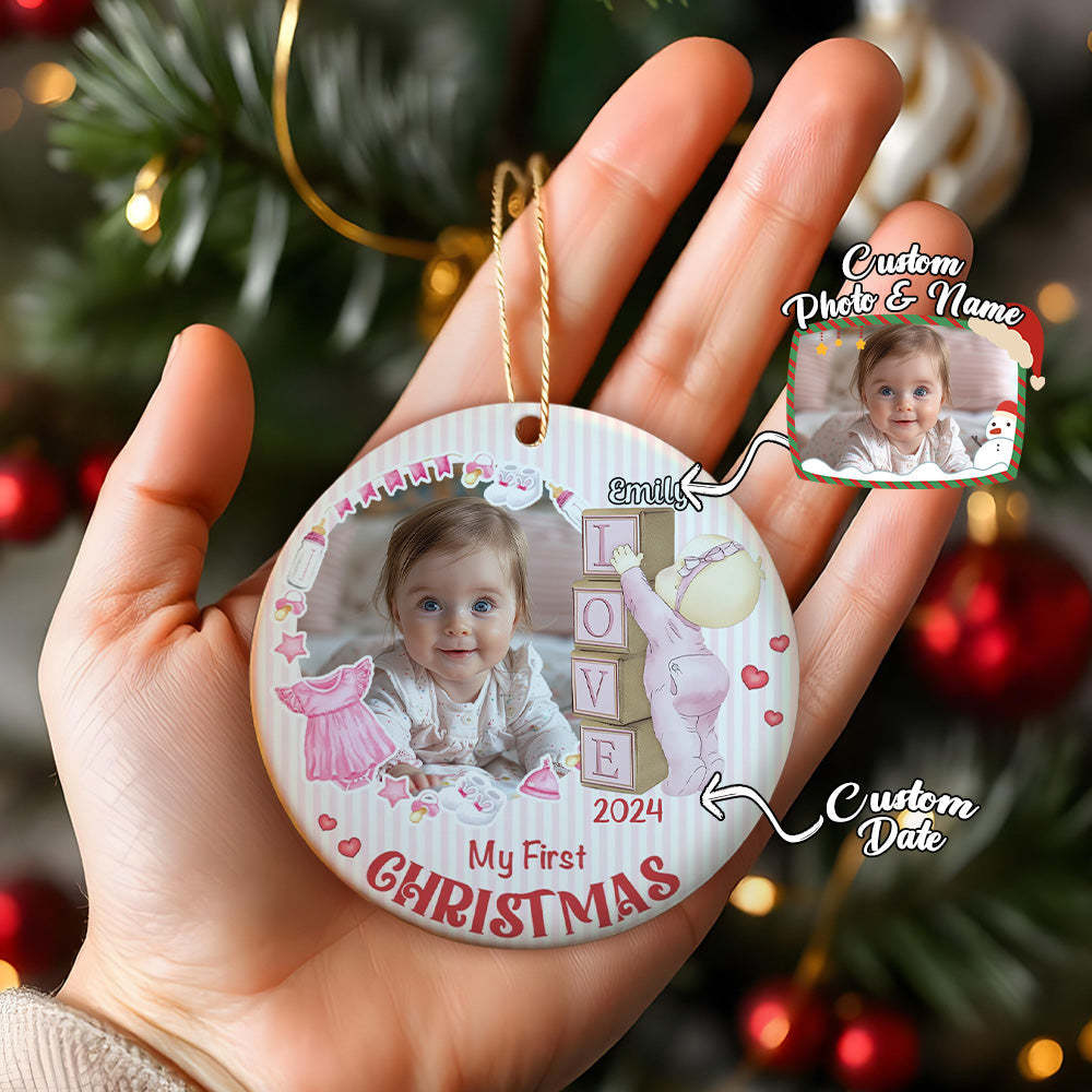 Personalized Baby's First Christmas Ornament with Photo Ceramic Christmas Ornament for Newborn Gift - Myphotomugs