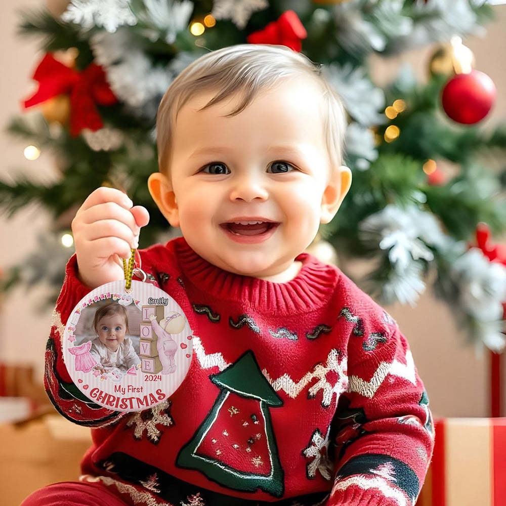 Personalized Baby's First Christmas Ornament with Photo Ceramic Christmas Ornament for Newborn Gift - Myphotomugs