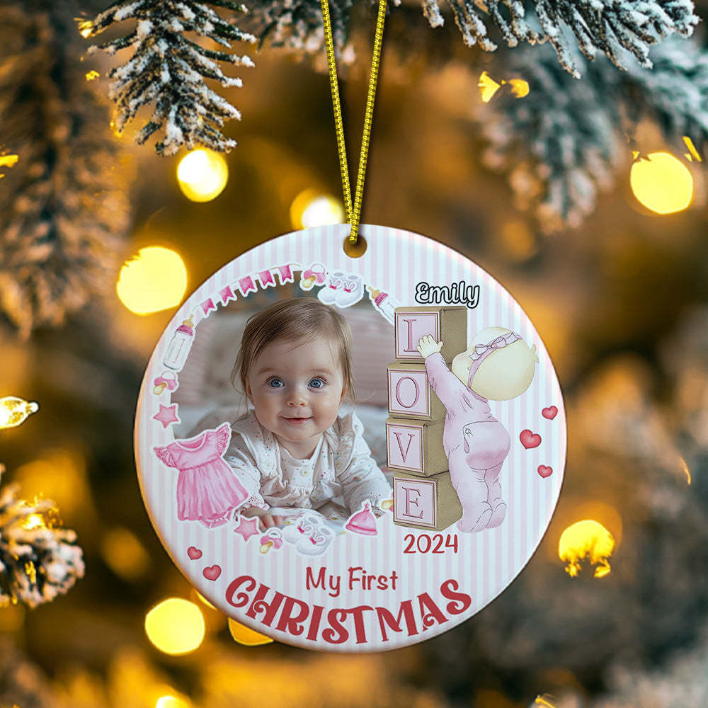 Personalized Baby's First Christmas Ornament with Photo Ceramic Christmas Ornament for Newborn Gift - Myphotomugs
