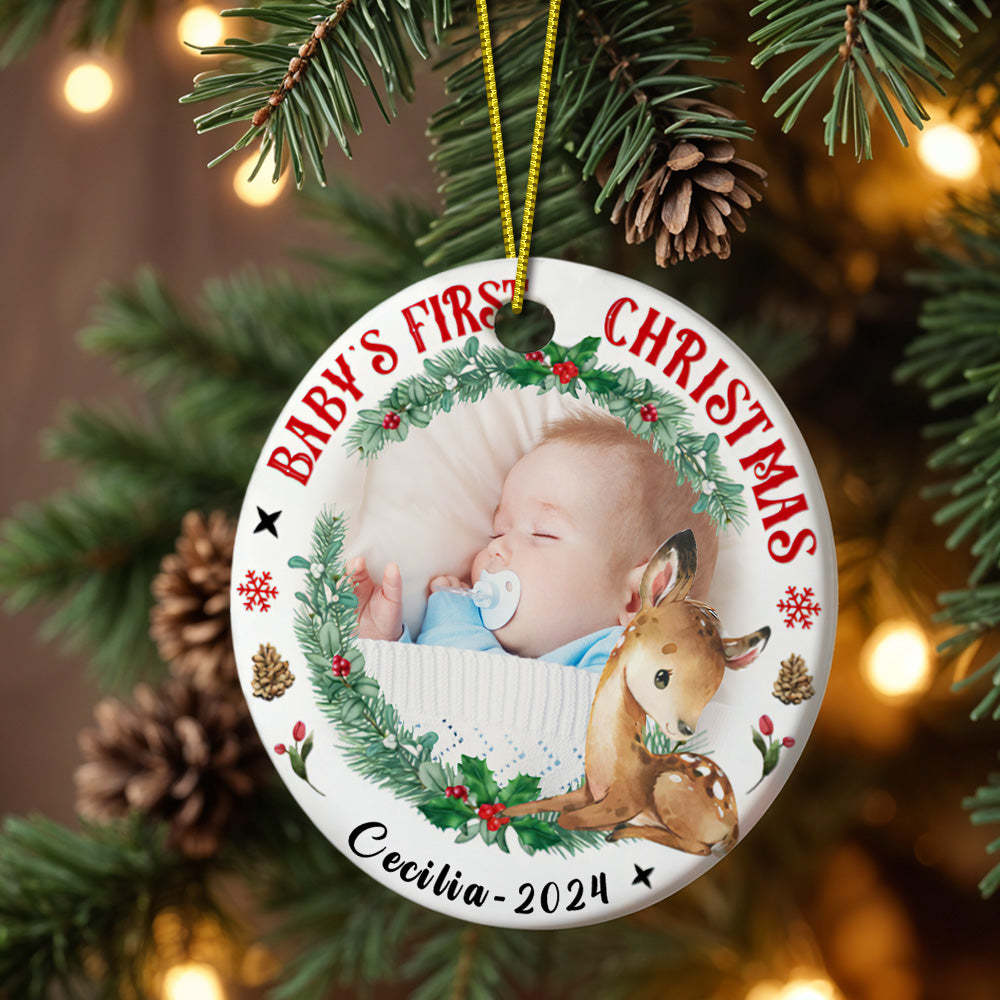 Personalized Baby's First Christmas Ornament with Photo Deer Christmas Ornament Gift for Kid - Myphotomugs
