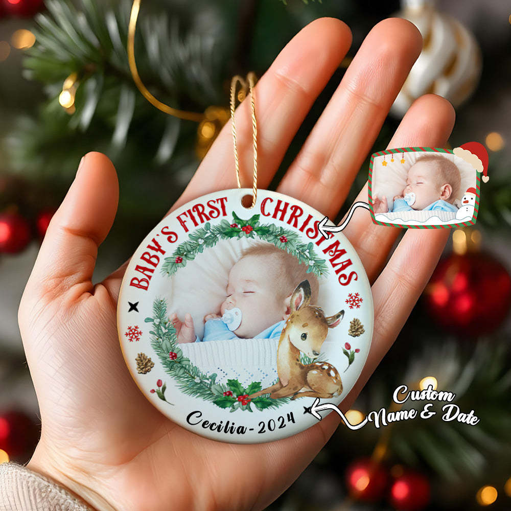 Personalized Baby's First Christmas Ornament with Photo Deer Christmas Ornament Gift for Kid - Myphotomugs
