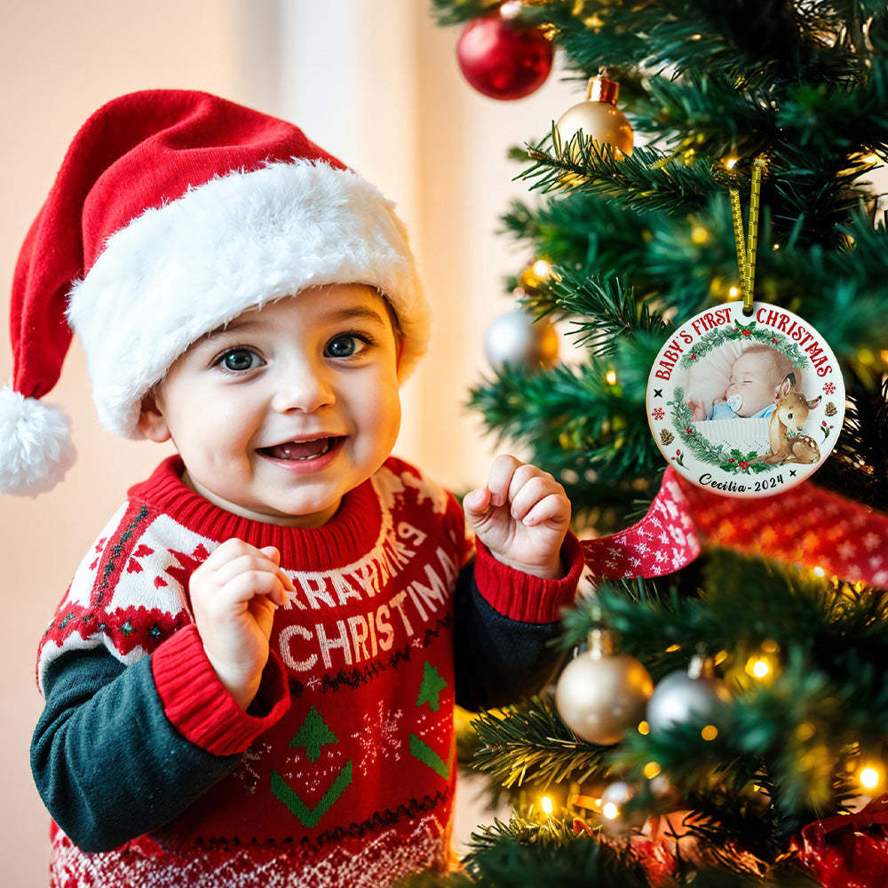 Personalized Baby's First Christmas Ornament with Photo Deer Christmas Ornament Gift for Kid - Myphotomugs