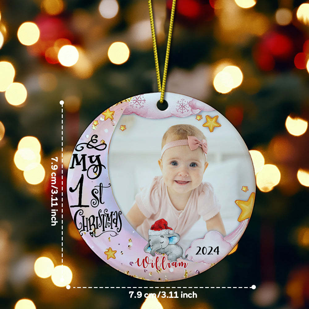 Personalized Baby's First Christmas Ornament Cute Elephant Circle Ornament Christmas Gift for Kid - Myphotomugs