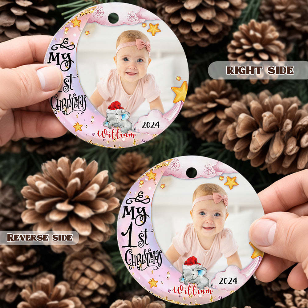 Personalized Baby's First Christmas Ornament Cute Elephant Circle Ornament Christmas Gift for Kid - Myphotomugs