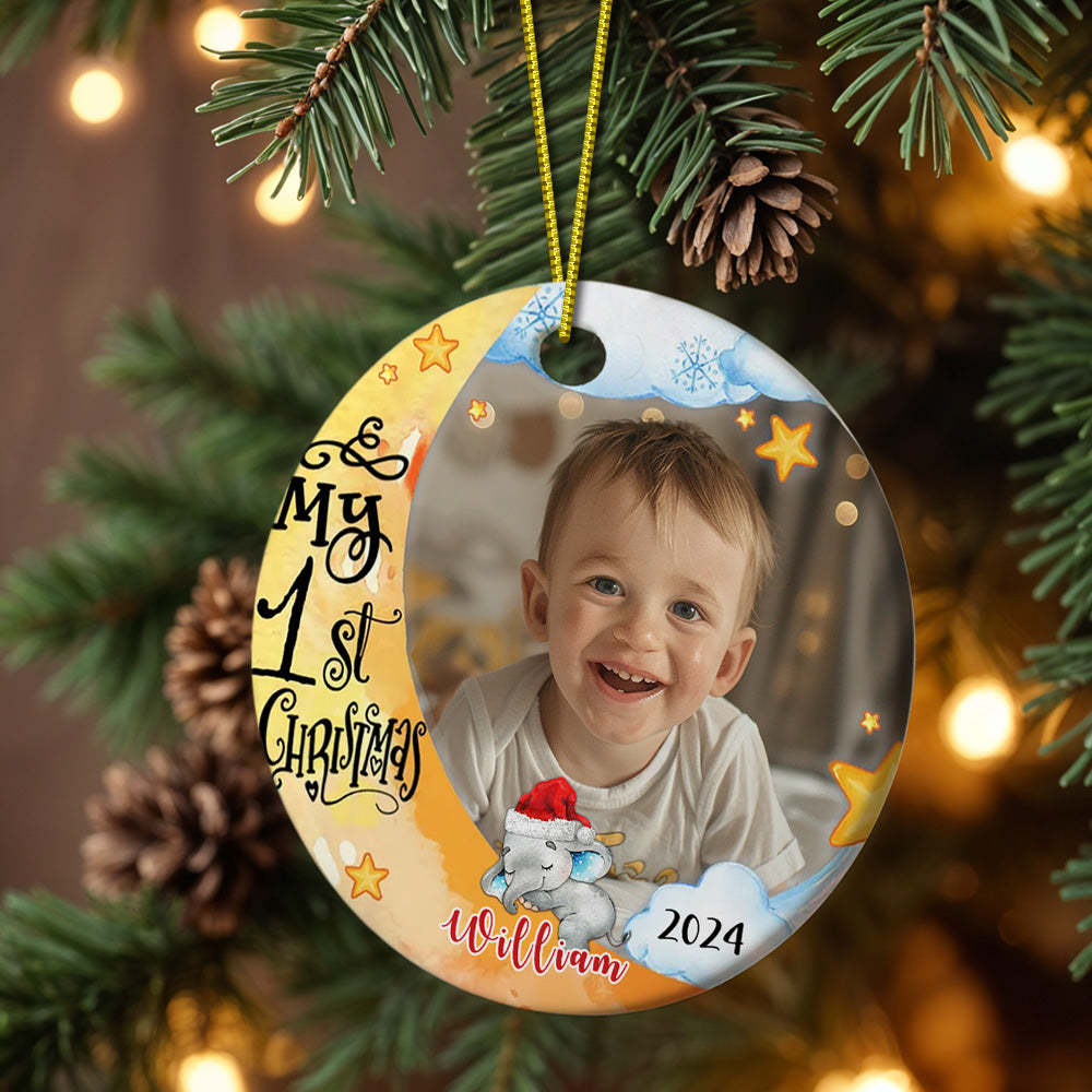 Personalized Baby's First Christmas Ornament Cute Elephant Circle Ornament Christmas Gift for Kid - Myphotomugs