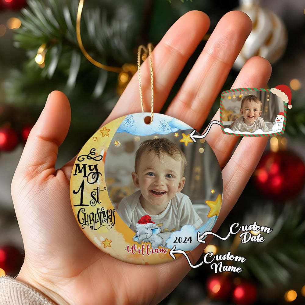 Personalized Baby's First Christmas Ornament Cute Elephant Circle Ornament Christmas Gift for Kid - Myphotomugs