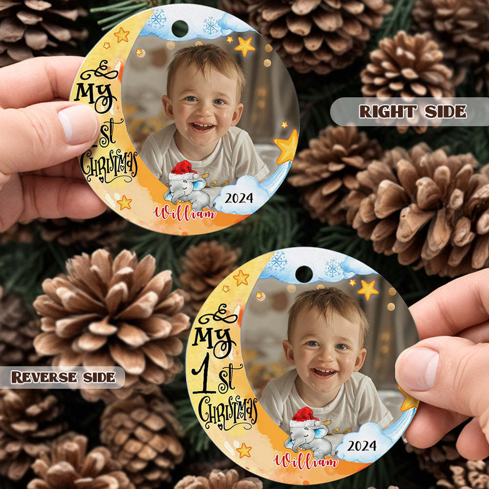 Personalized Baby's First Christmas Ornament Cute Elephant Circle Ornament Christmas Gift for Kid - Myphotomugs