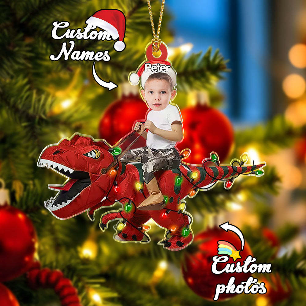 Personalized Cute Kid Rides The Dinosaurus Ornament Christmas Gift for Kids - MyPhotoMugs