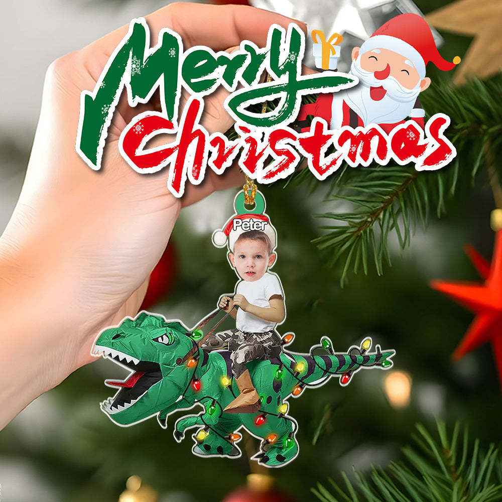 Personalized Cute Kid Rides The Dinosaurus Ornament Christmas Gift for Kids - MyPhotoMugs