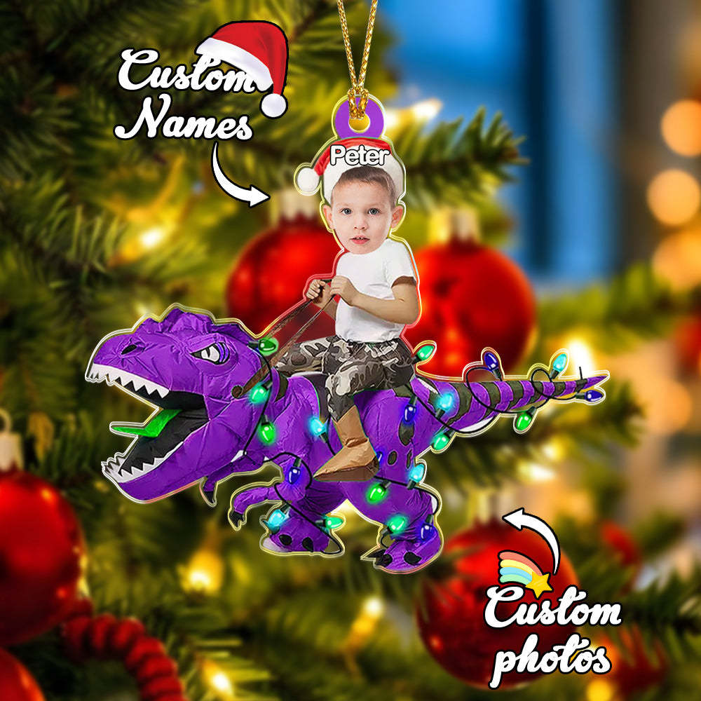 Personalized Cute Kid Rides The Dinosaurus Ornament Christmas Gift for Kids - MyPhotoMugs