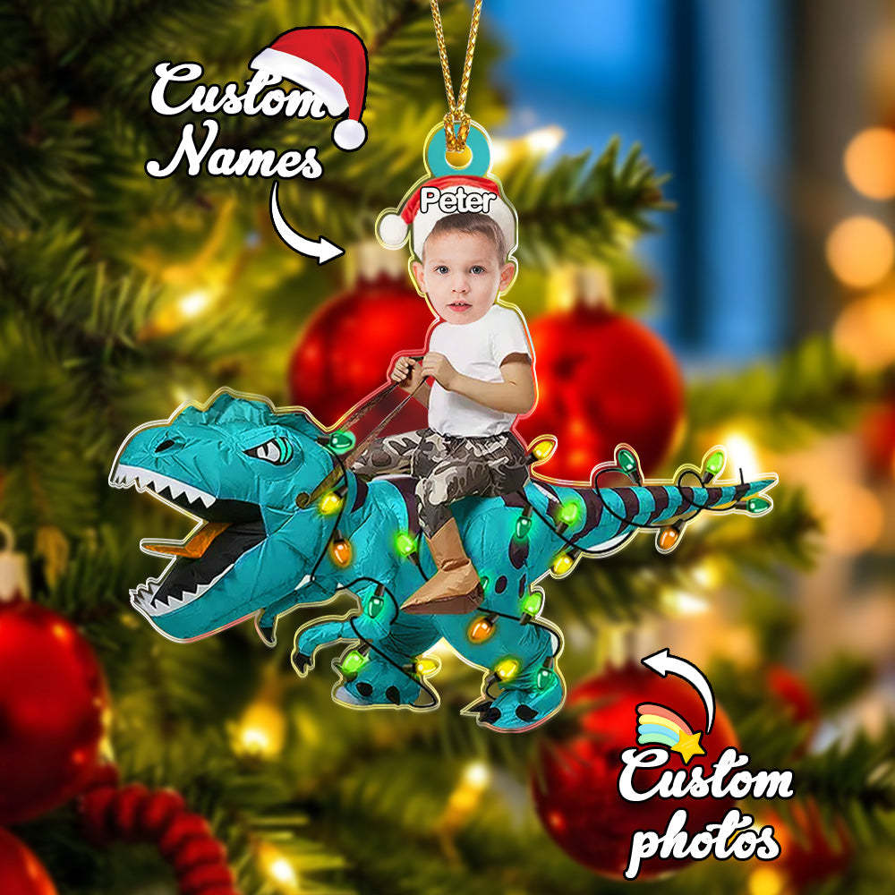 Personalized Cute Kid Rides The Dinosaurus Ornament Christmas Gift for Kids - MyPhotoMugs