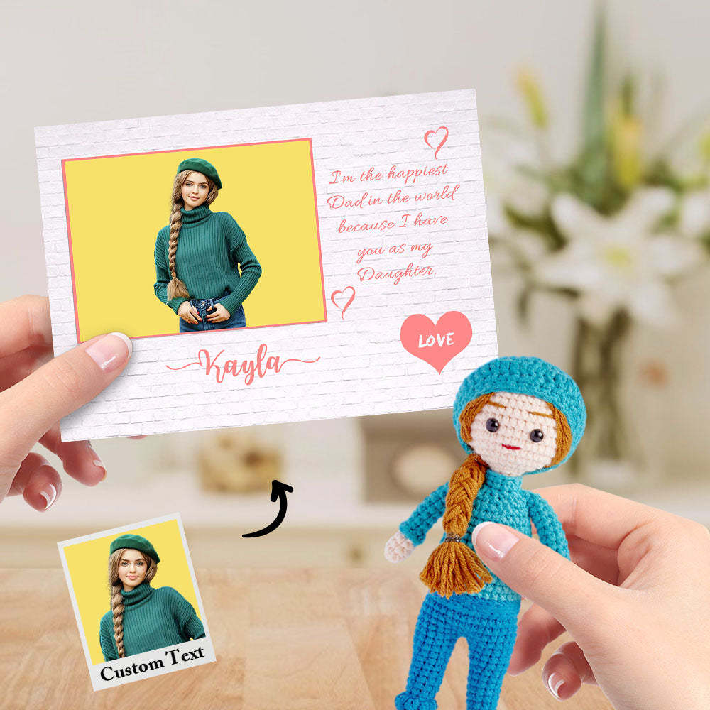 Custom Crochet Doll from Photo Handmade Look alike Dolls Gifts for Daughter from Dad with Personalized Name Card - Myphotomugs