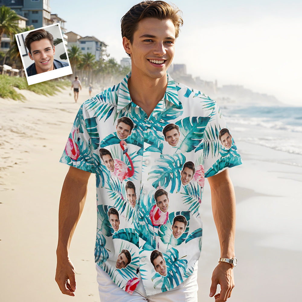 Custom Face Hawaiian Shirt Summer Flamingo Green Leaves Face Hawaiian Shirt