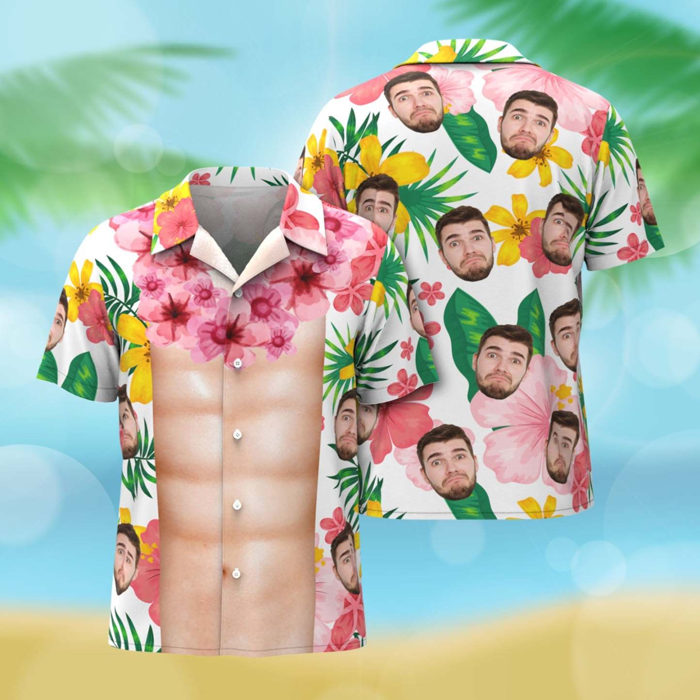 Custom Face Hawaiian Shirt Funny Abs Aloha Tropical Flowers Hawaiian Shirt Personalized Photo Hawaiian Shirts for Man - Myphotomugs
