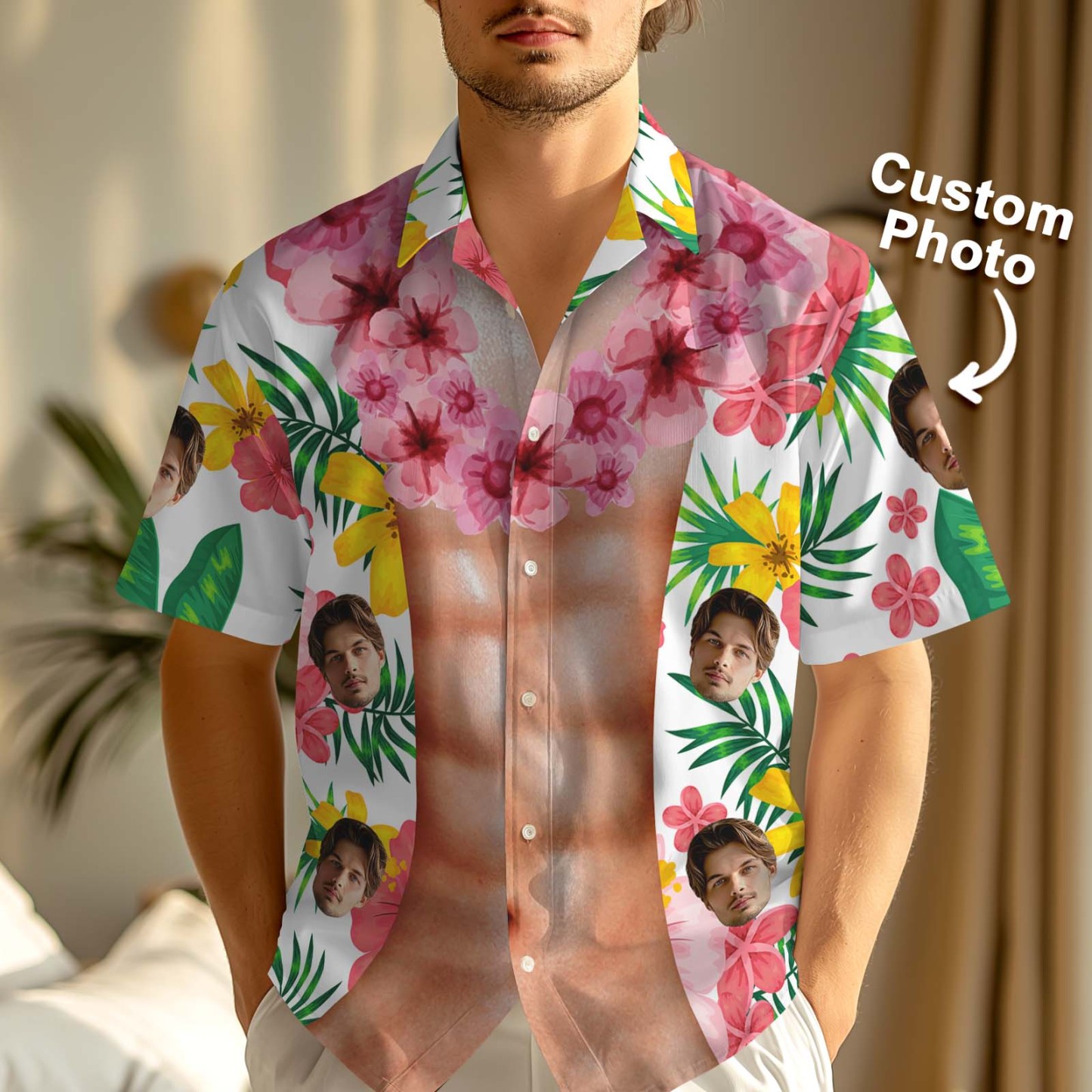Custom Face Hawaiian Shirt Funny Abs Aloha Tropical Flowers Hawaiian Shirt Personalized Photo Hawaiian Shirts for Man - Myphotomugs