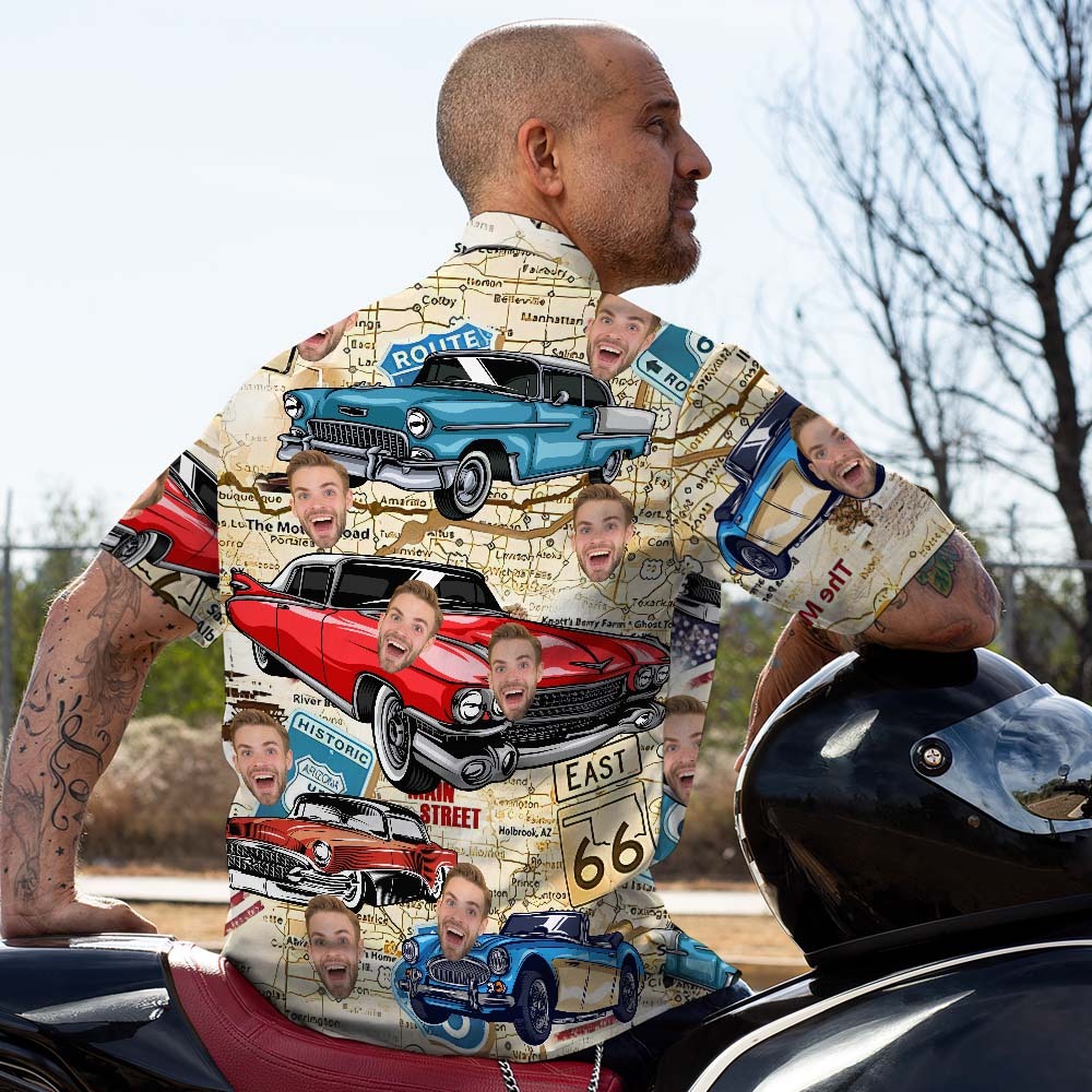 Custom Face Hawaiian Shirt Vintage Car Shirt Personalized Car Photo Shirt for Him - Myphotomugs
