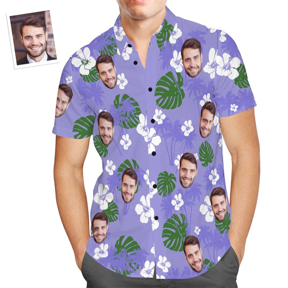 Custom Face Hawaiian Shirt Men's Popular All Over Print Purple Shirt Green Plant Holiday Gift - Myphotomugs