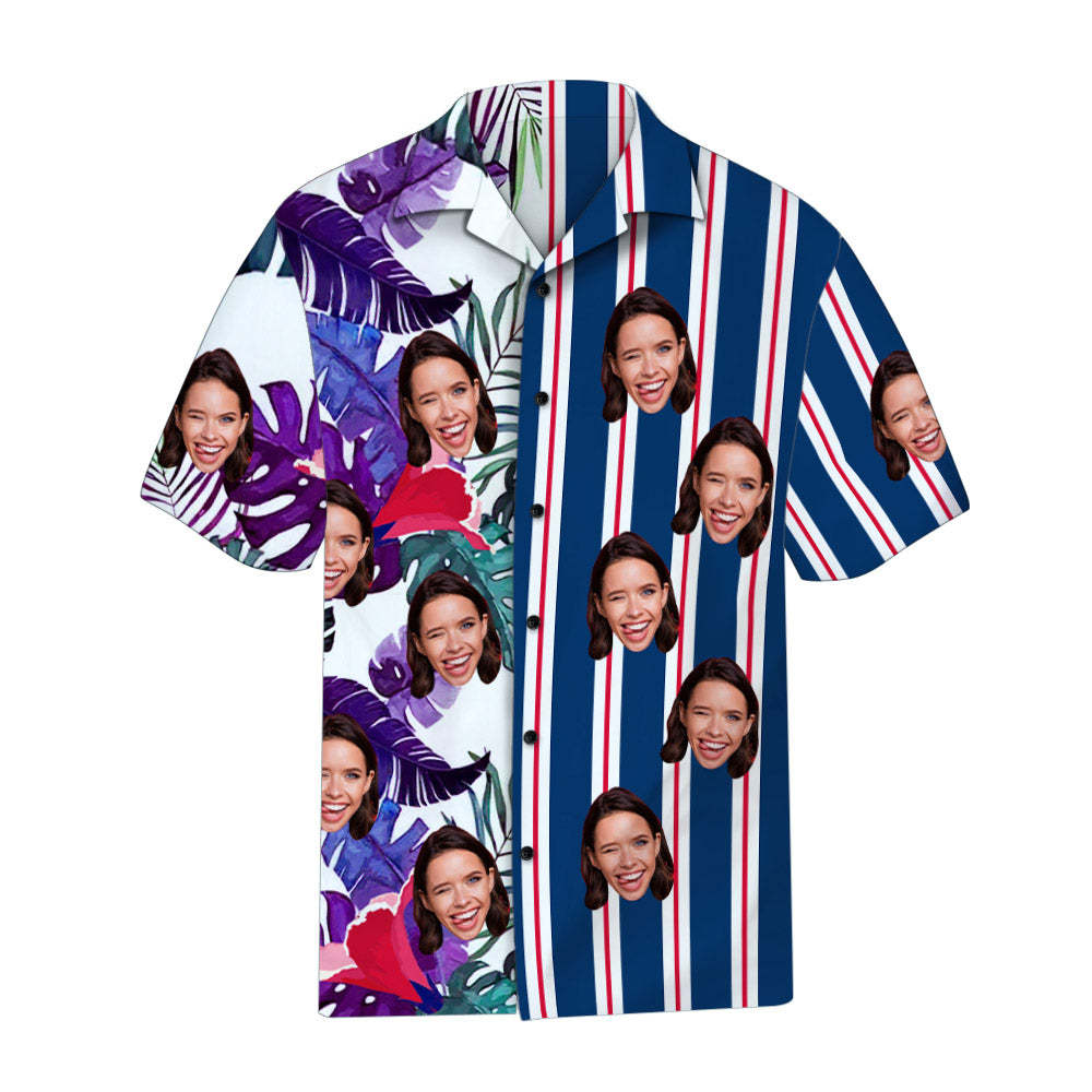Custom Face Blue Striped Hawaiian Shirt Tropical Leaves Pattern Hawaiian Shirt - Myphotomugs