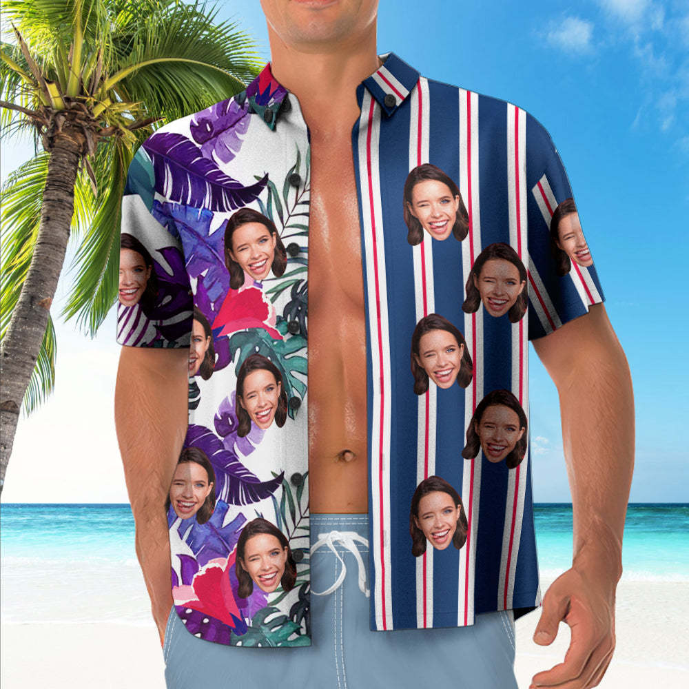 Custom Face Blue Striped Hawaiian Shirt Tropical Leaves Pattern Hawaiian Shirt - Myphotomugs