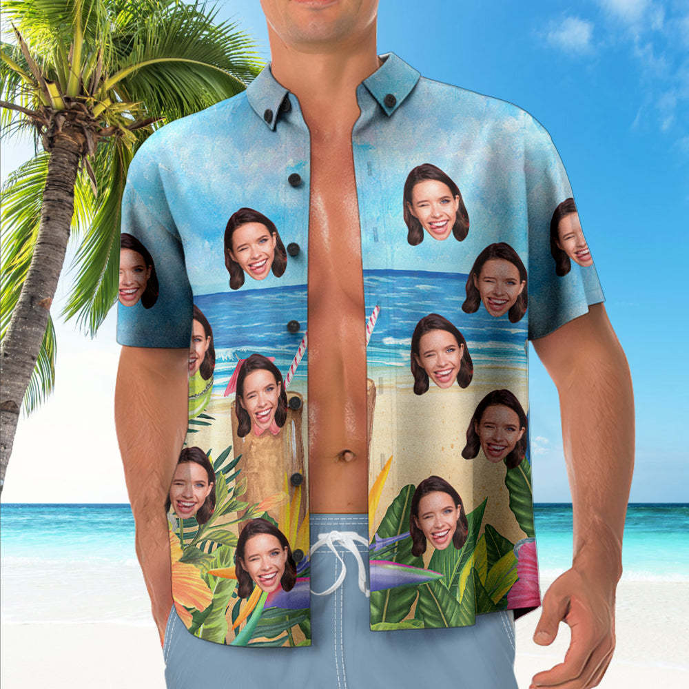 Custom Face Hawaiian Shirt Blue Sky Beach Hawaiian Shirt - Myphotomugs