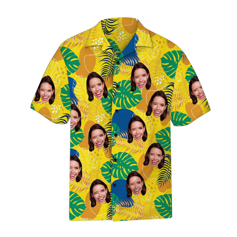 Custom Face Yellow Hawaiian Shirt Leaves Pattern Hawaiian Shirt for Him - Myphotomugs