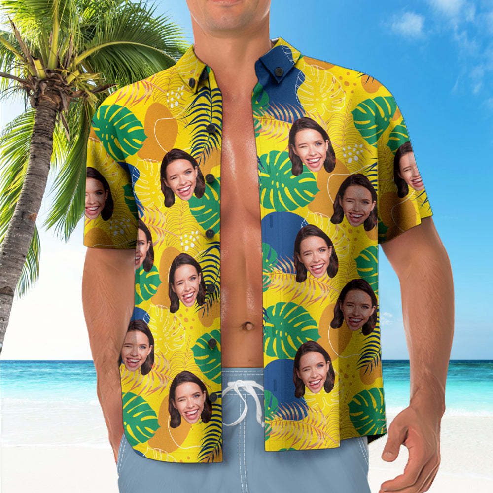 Custom Face Yellow Hawaiian Shirt Leaves Pattern Hawaiian Shirt for Him - Myphotomugs