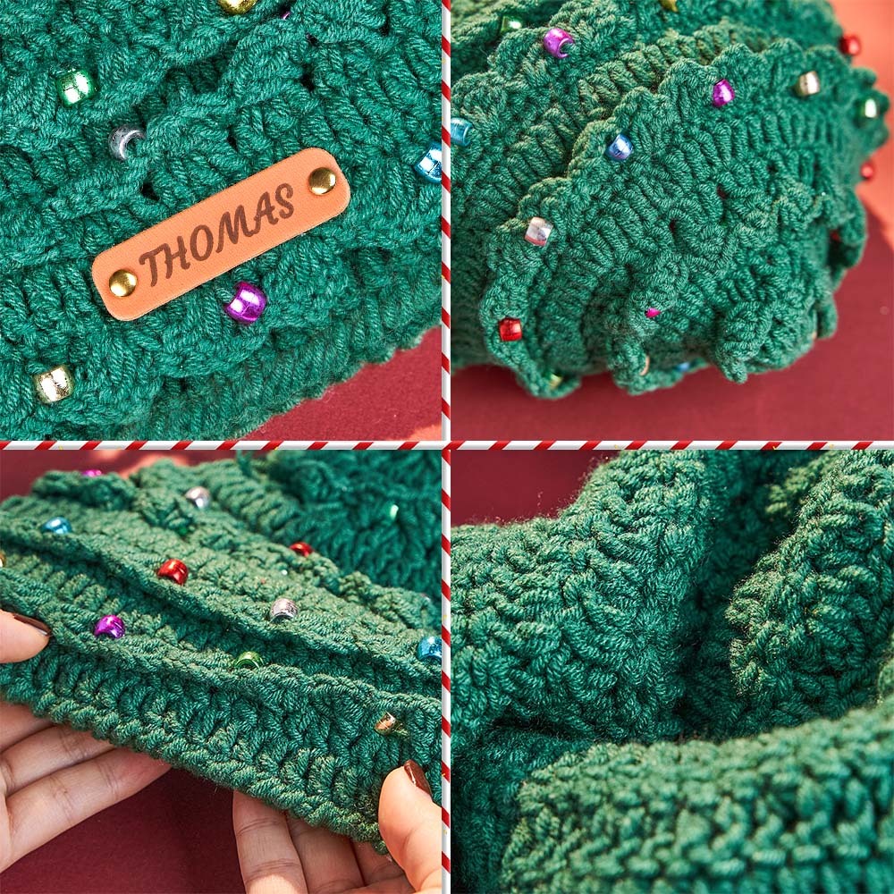 Custom Christmas Crochet Hat Personalized Leather Patch Christmas Tree Crochet Hat Christmas Gifts for Lover - MyPhotoMugs