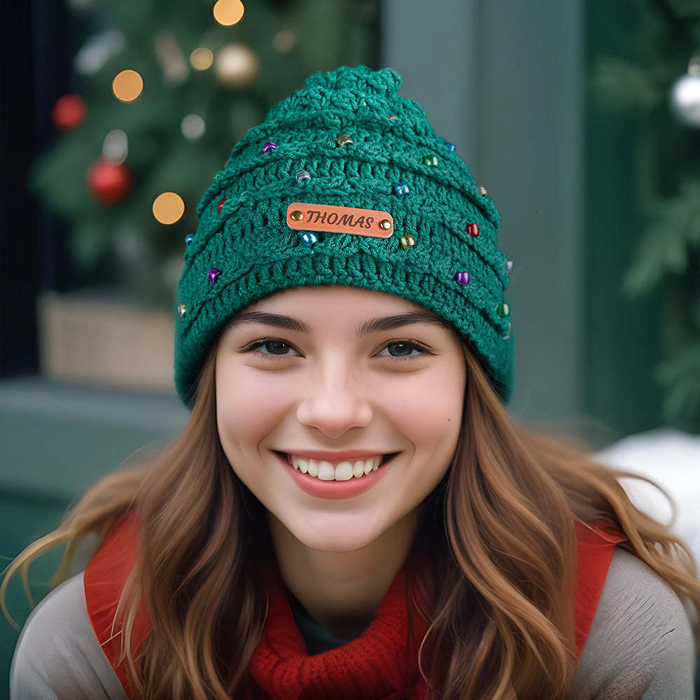 Custom Christmas Crochet Hat Personalized Leather Patch Christmas Tree Crochet Hat Christmas Gifts for Lover - MyPhotoMugs