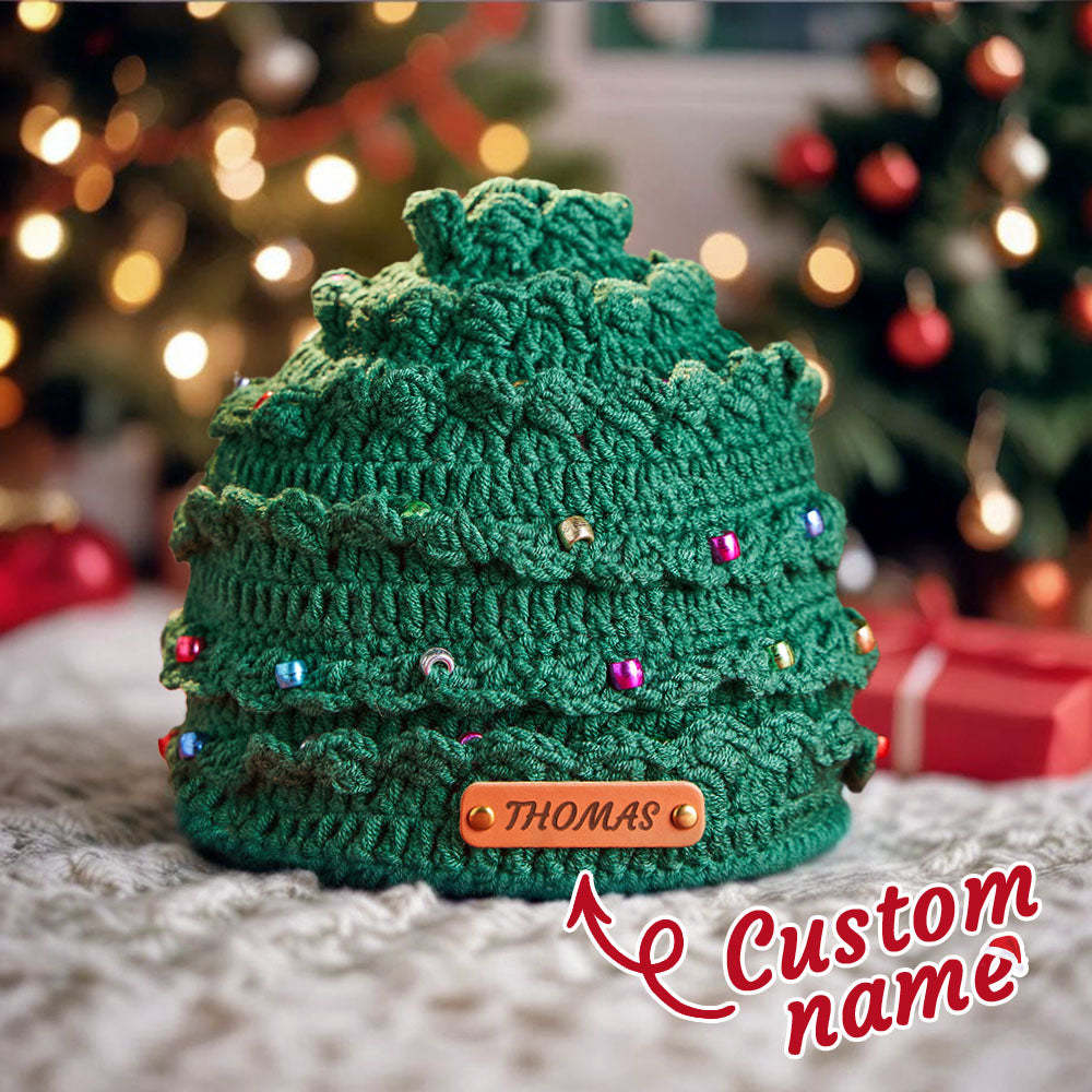 Custom Christmas Crochet Hat Personalized Leather Patch Christmas Tree Crochet Hat Christmas Gifts for Lover - MyPhotoMugs