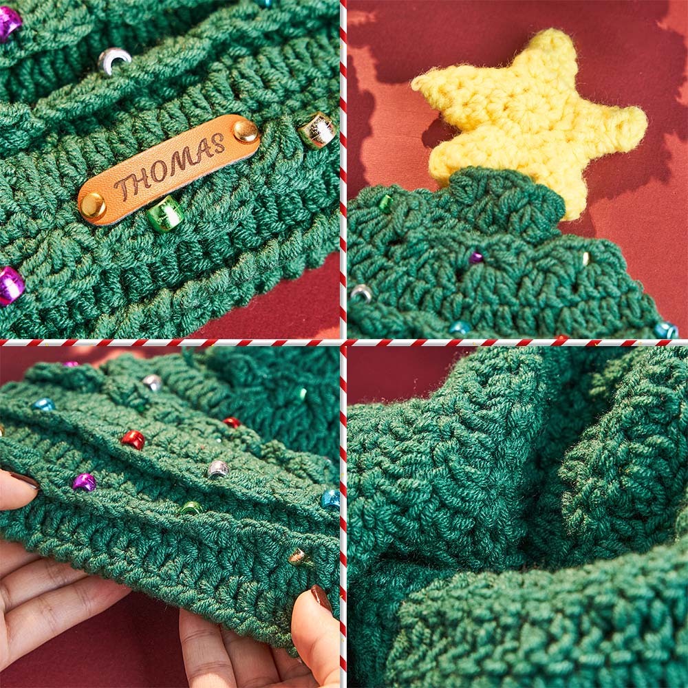 Custom Christmas Crochet Hat Personalized Leather Patch Christmas Tree Crochet Hat Christmas Gifts for Lover - MyPhotoMugs