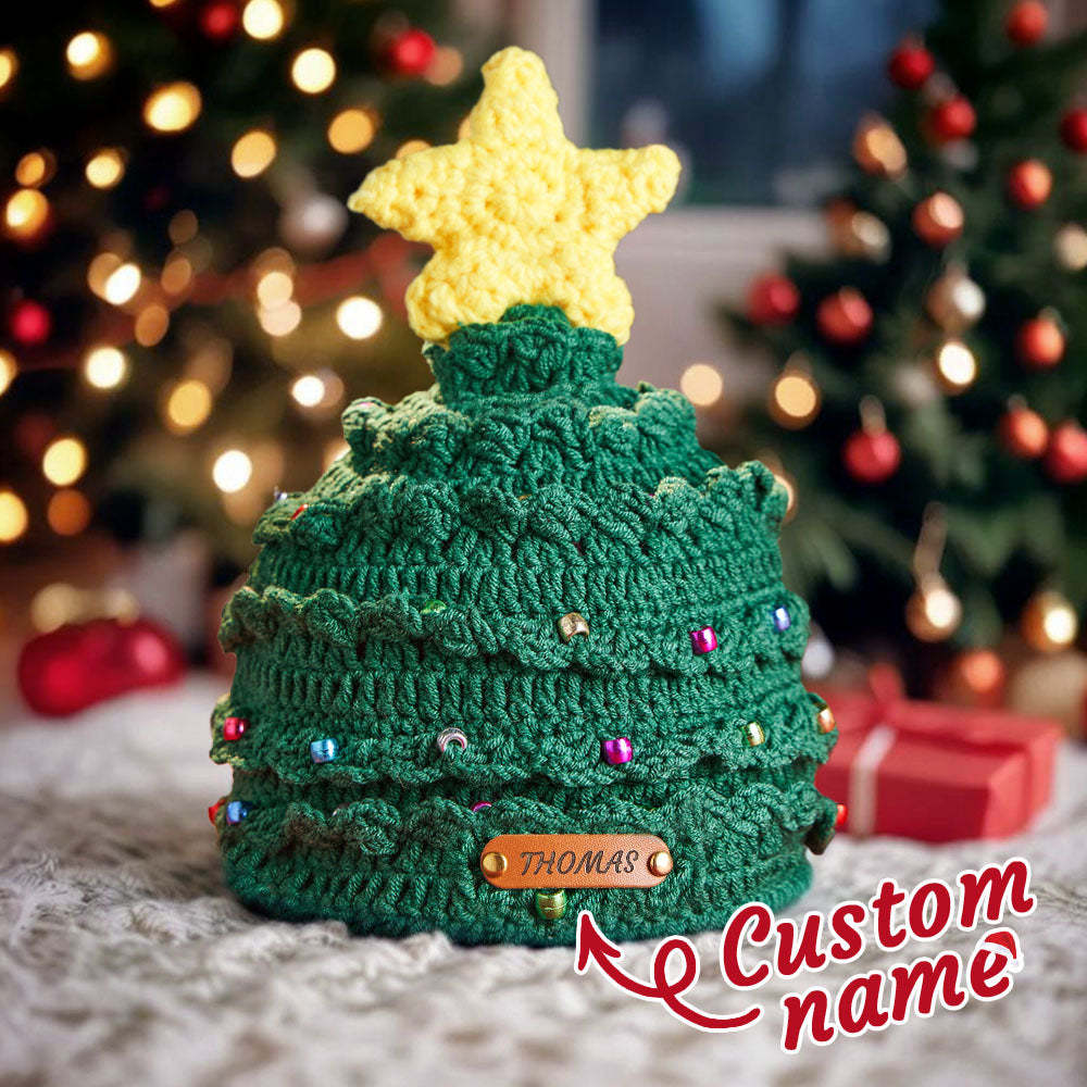 Custom Christmas Crochet Hat Personalized Leather Patch Christmas Tree Crochet Hat Christmas Gifts for Lover - MyPhotoMugs