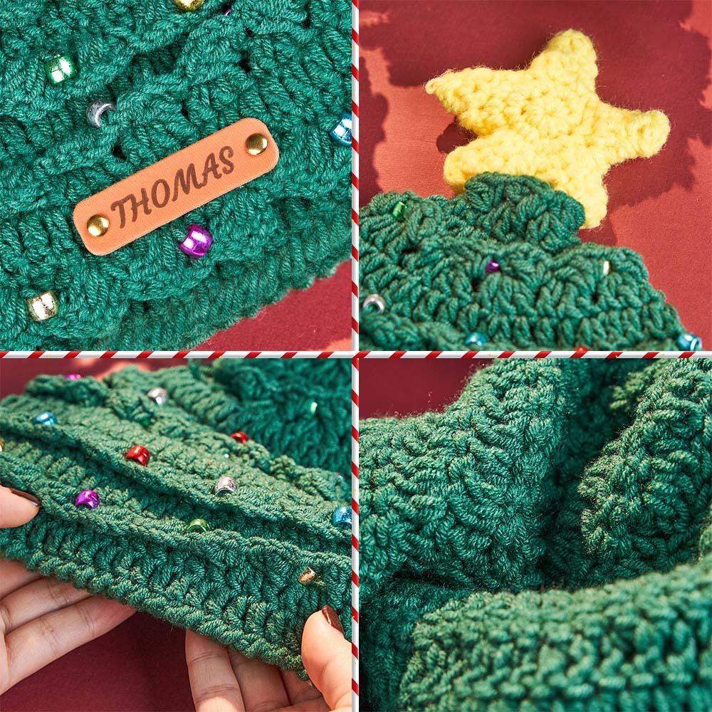 Custom Christmas Crochet Hat Personalized Leather Patch Christmas Tree Crochet Hat Christmas Gifts for Lover - MyPhotoMugs