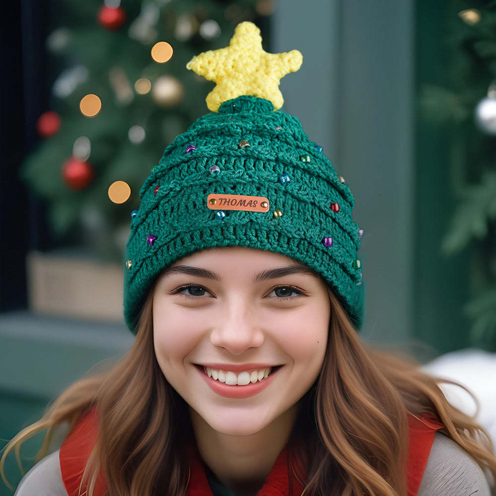 Custom Christmas Crochet Hat Personalized Leather Patch Christmas Tree Crochet Hat Christmas Gifts for Lover - MyPhotoMugs