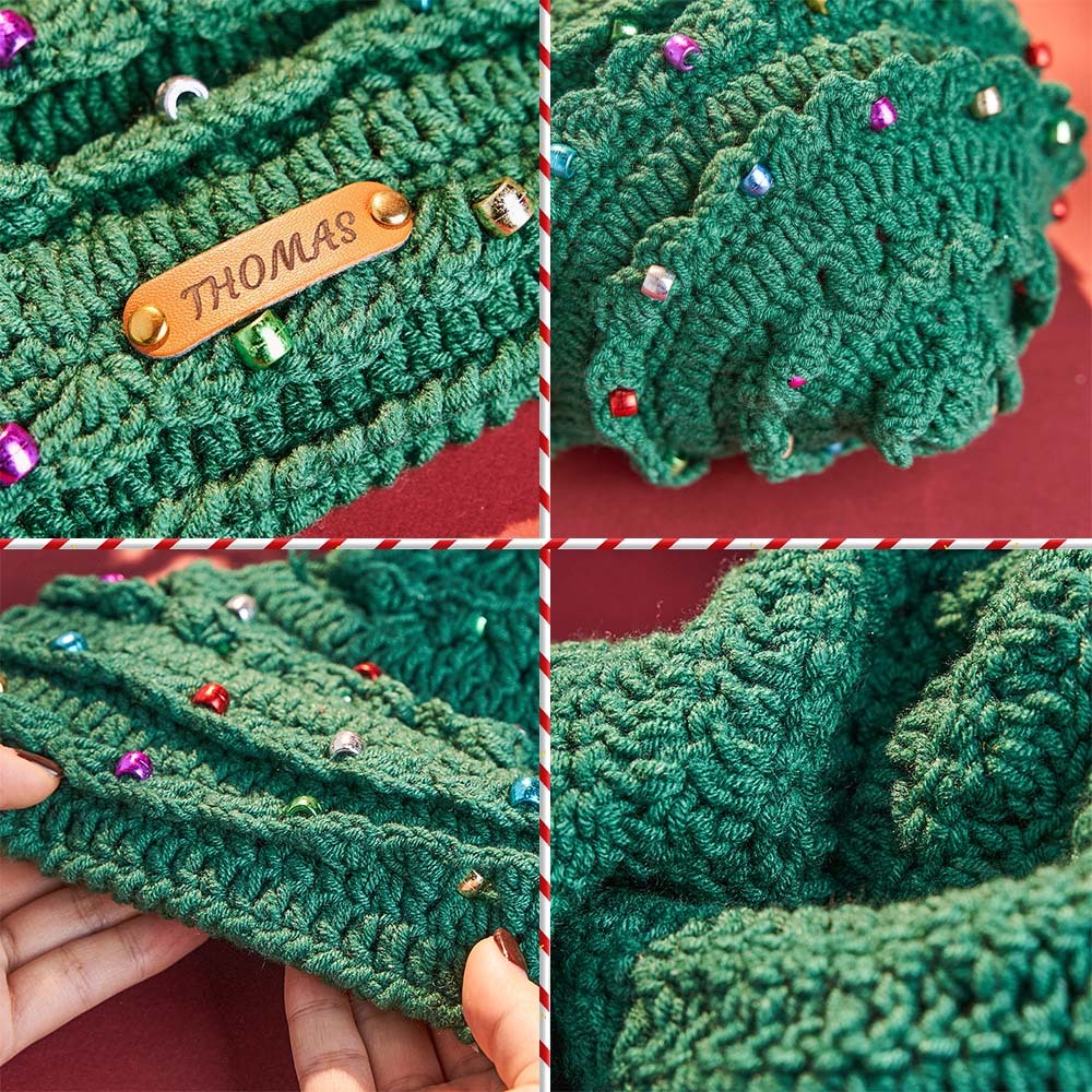 Custom Christmas Crochet Hat Personalized Leather Patch Christmas Tree Crochet Hat Christmas Gifts for Lover - MyPhotoMugs