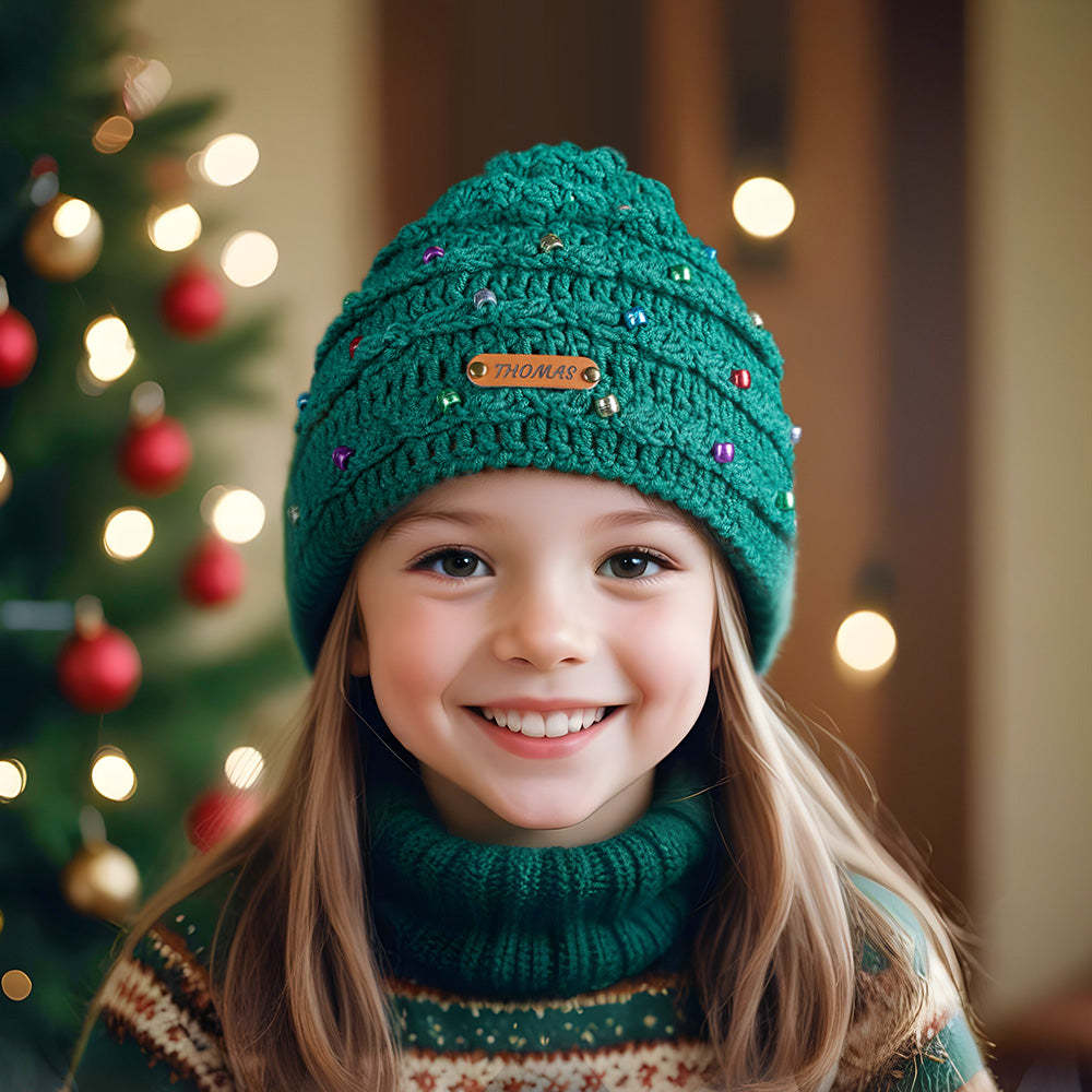 Custom Christmas Crochet Hat Personalized Leather Patch Christmas Tree Crochet Hat Christmas Gifts for Lover - MyPhotoMugs