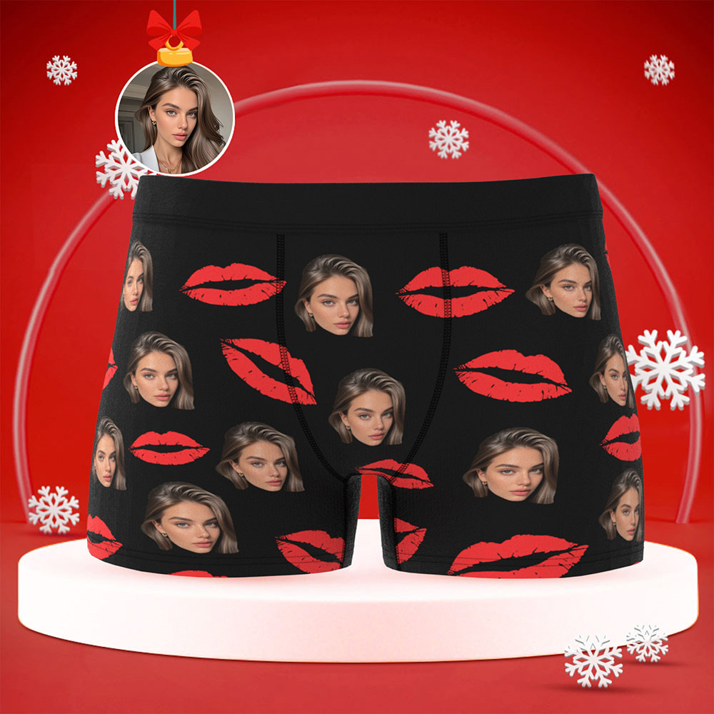 Custom Photo Underwear with Red Lips Personalized Sexy Gift for Couples Custom Photo Christmas Panties