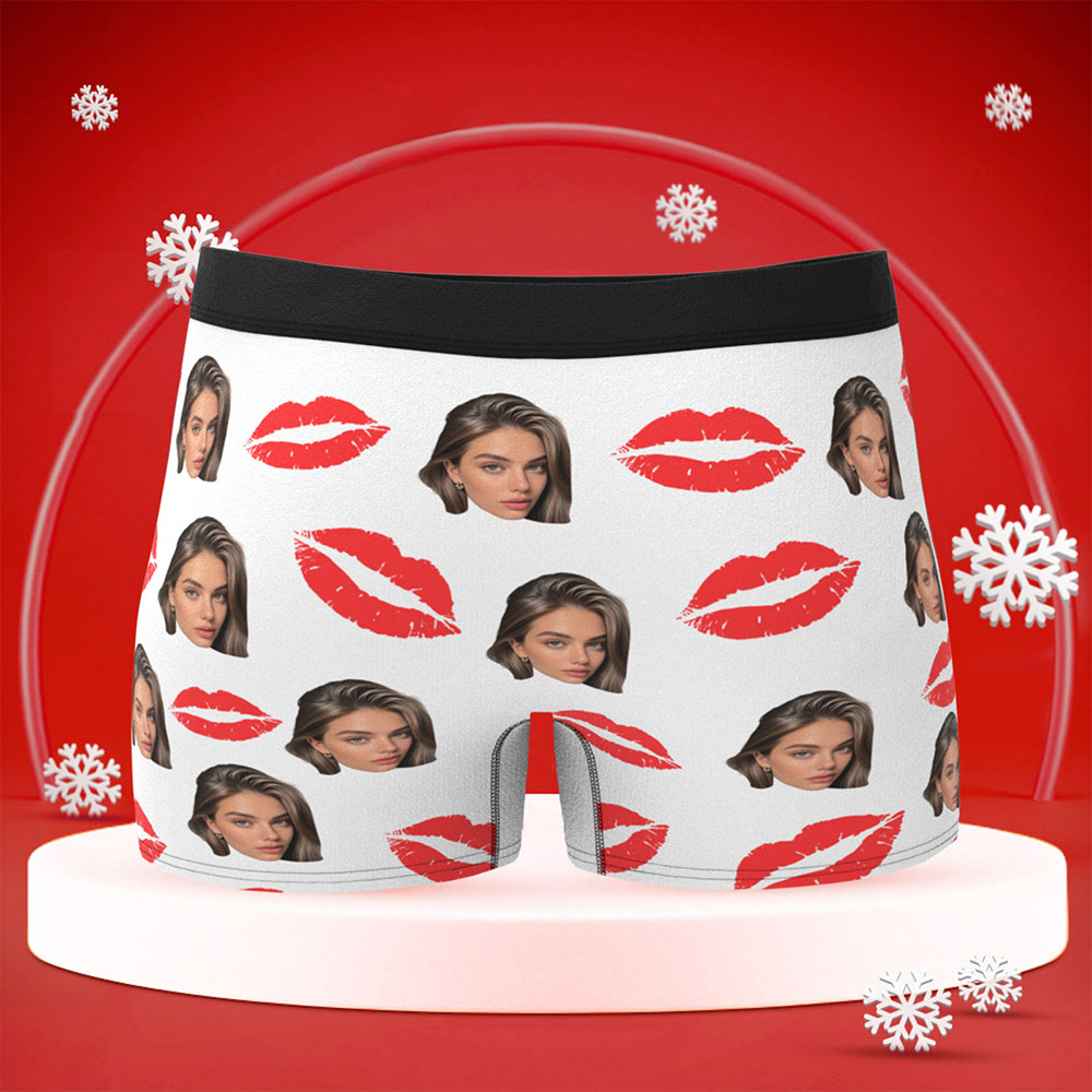 Custom Photo Underwear with Red Lips Personalized Sexy Gift for Couples Custom Photo Christmas Panties