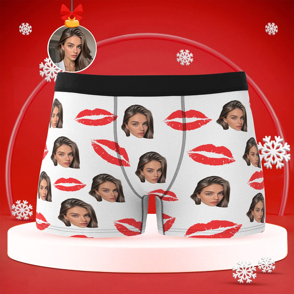 Custom Photo Underwear with Red Lips Personalized Sexy Gift for Couples Custom Photo Christmas Panties